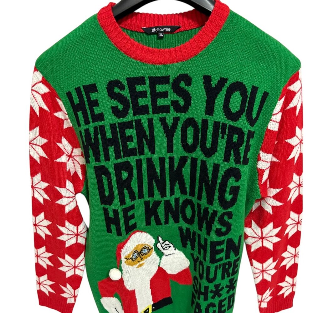 Followme Ugly Christmas Crew Neck Sweater He Sees You Sh** Faced Size XL